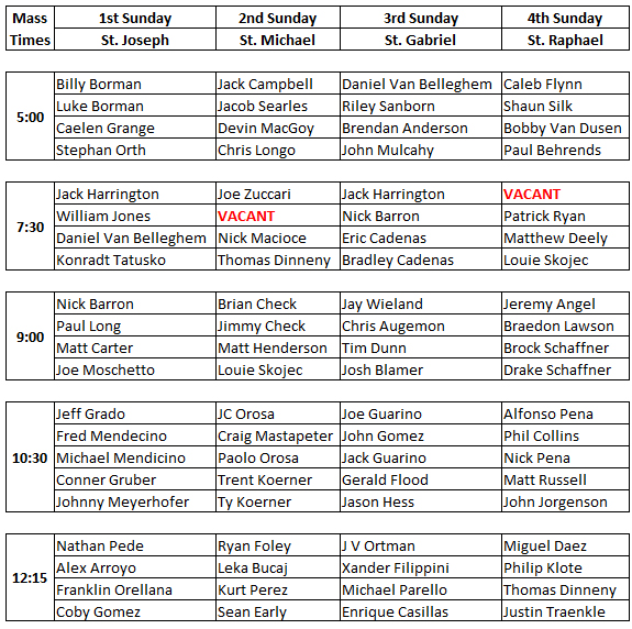 Altar Server 4 Week Schedule